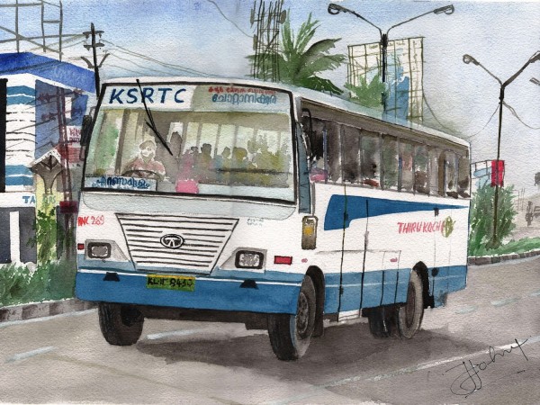 Watercolor Painting Of KSRTC Bus Ernakulam - DesiPainters.com