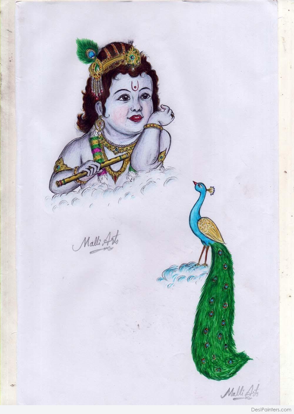 Pencil Color Sketch Of Lord Krishna And Peacock | DesiPainters.com