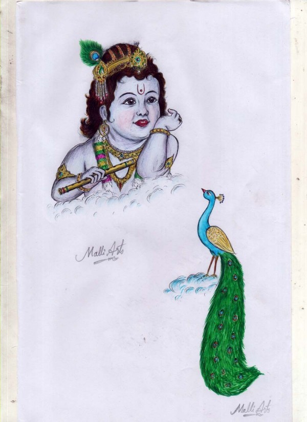 Pencil Color Sketch Of Lord Krishna And Peacock 