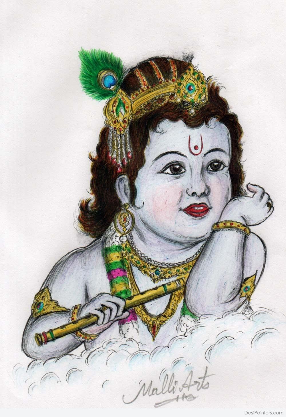 Pencil Color Sketch Of Lord Krishna And Peacock - Desi Painters-saigonsouth.com.vn