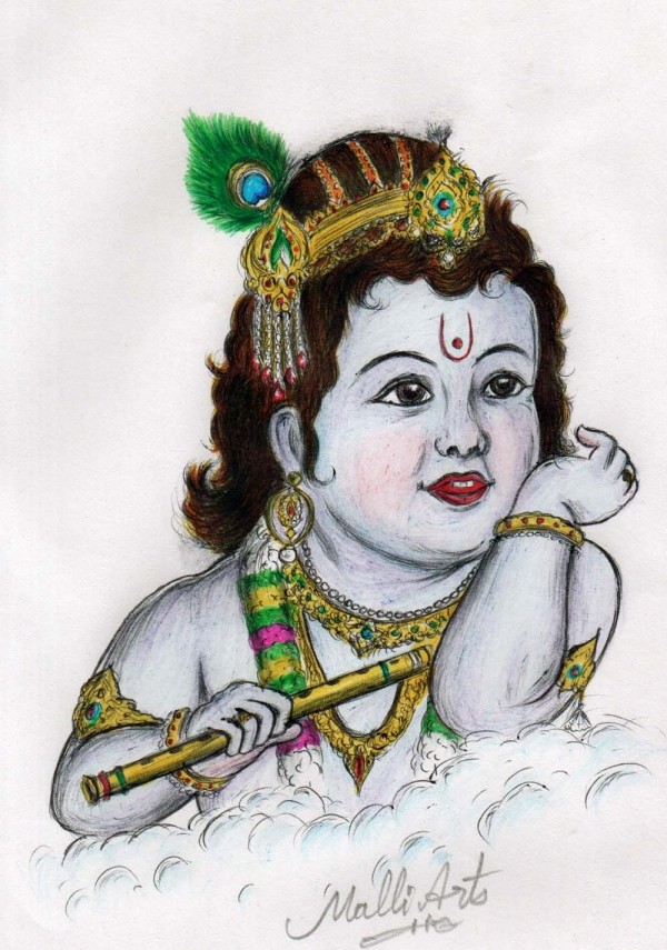 Beautiful Pencil Color Sketch Of Lord Little Krishna - DesiPainters.com
