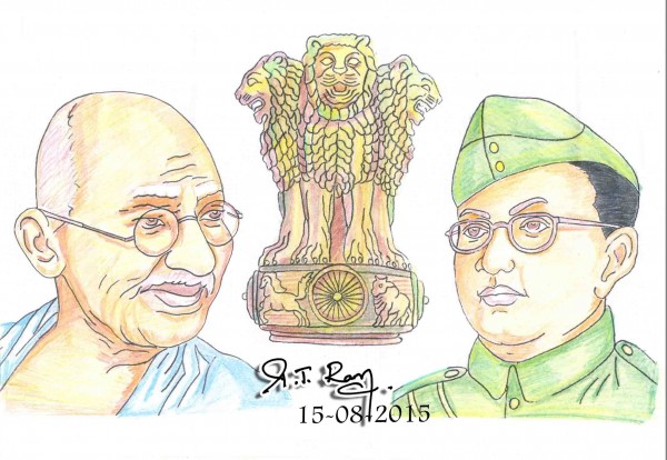 Pencil Color Sketch Of Gandhi Ji And Netaji - DesiPainters.com