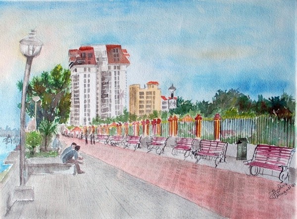 Watercolor Painting Of Marine Drive Walkway- Cochin