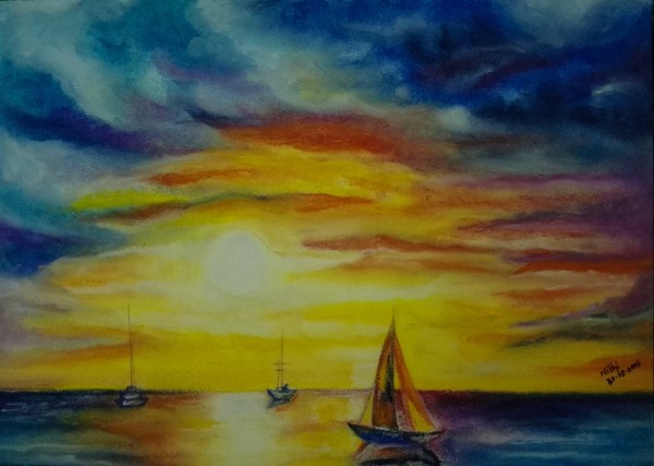 Pastel Painting Of Sunset And The Sea - DesiPainters.com