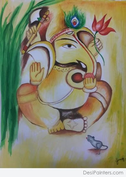 Watercolor Painting Of Lord Ganesh - DesiPainters.com