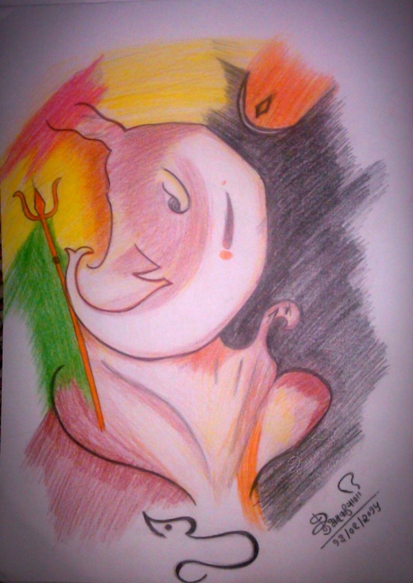Pencil Color Sketch Of Ganesha - DesiPainters.com