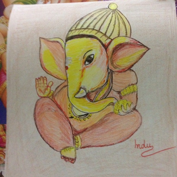 Pencil Color Sketch Of Ganesha - DesiPainters.com