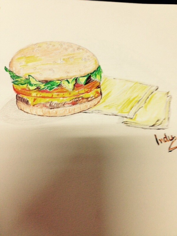 Mixed Painting Of A Burger With Napkins