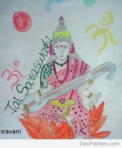 Pencil Color Sketch Of Sri Saraswati - DesiPainters.com