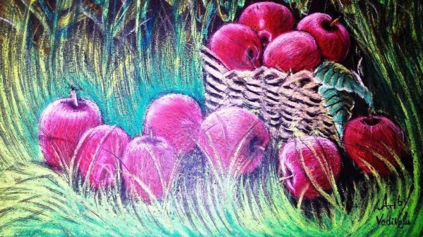 Crayon Painting Of Basket With Apple