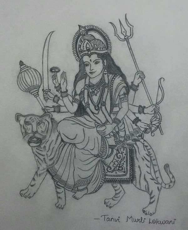 Pencil Sketch Of Sherawali Mata - DesiPainters.com