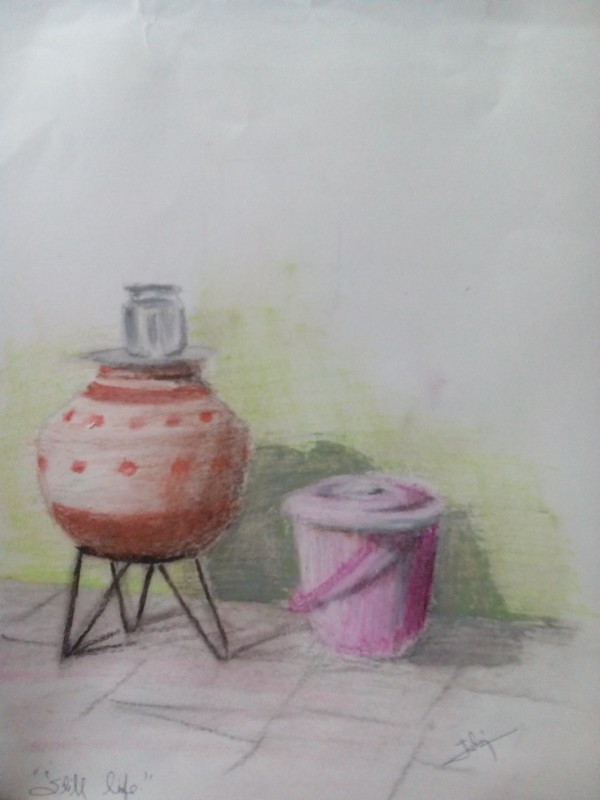 Crayon Painting Of Matka And A Bucket - DesiPainters.com