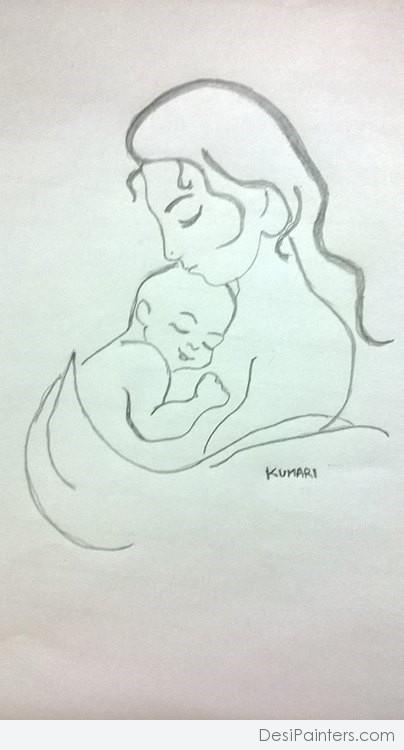 Pencil Sketch Of Mother And Child - DesiPainters.com