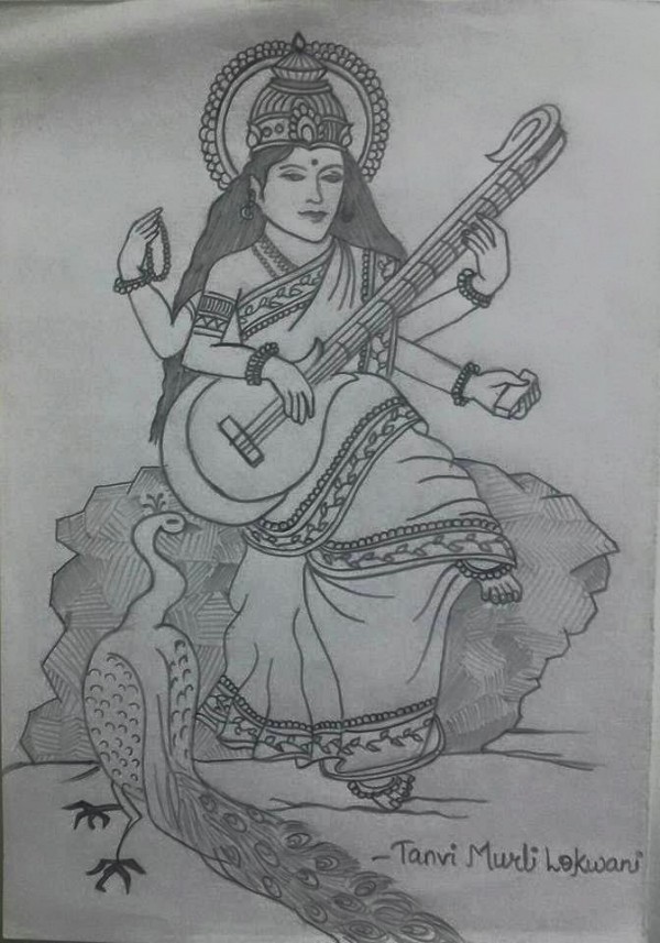 Pencil Sketch Of Saraswati Maa