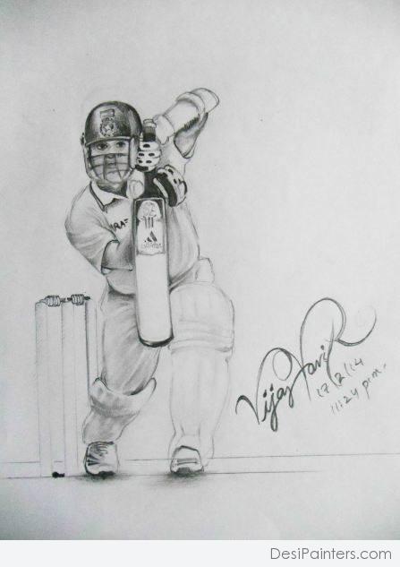 Pencil Sketch  of Sachin Tendulkar Straight Drive - DesiPainters.com