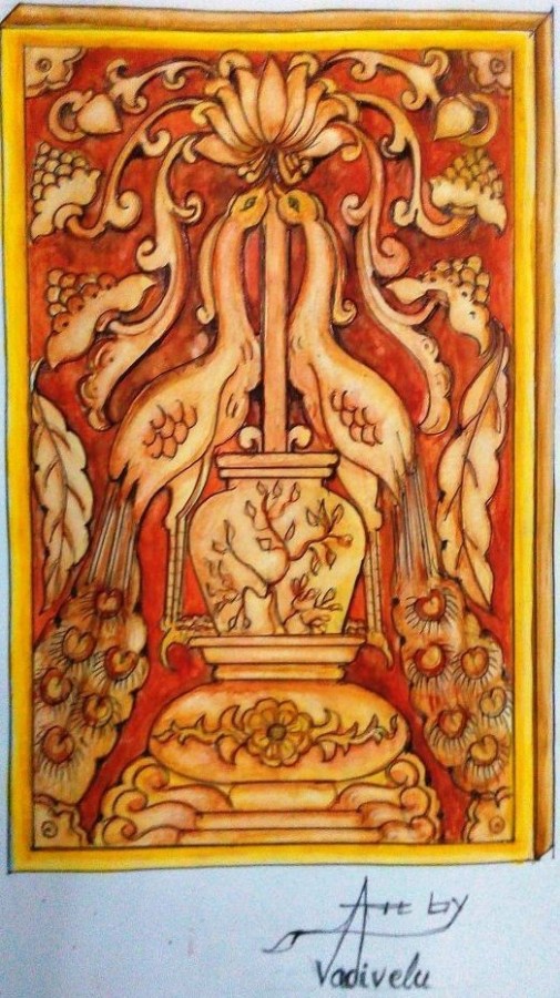 Watercolor Painting Of Wood Carving Design - DesiPainters.com