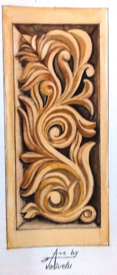 Watercolor Painting Of Wood Carving Design - DesiPainters.com