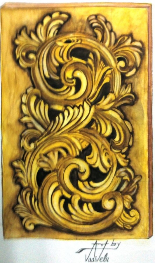 Watercolor Painting Of Wood Carving Design - DesiPainters.com