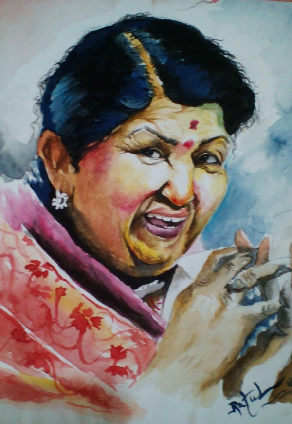 Watercolor Painting Of The Famous Singer Lata Mangeshkar - DesiPainters.com