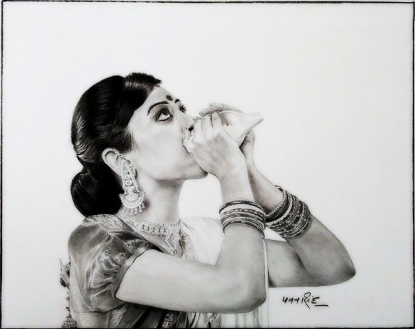 Pencil Sketch Of Lady With Conch - DesiPainters.com