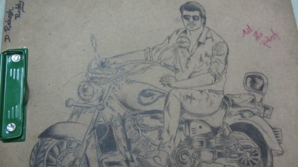 Pencil Sketch Of Prabhas Sitting On Bike - DesiPainters.com