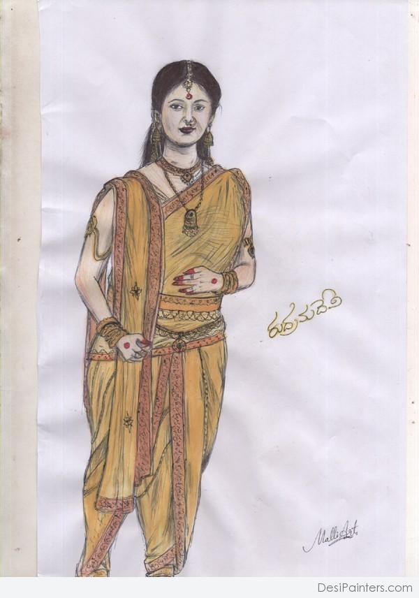 Pencil Colors Sketch Of Rudrama Devi - DesiPainters.com