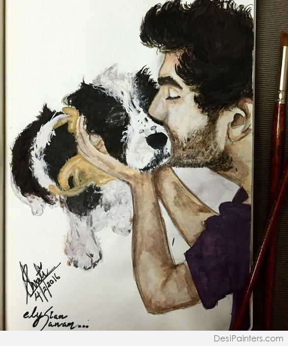 Watercolor Painting Of Boy With Dog