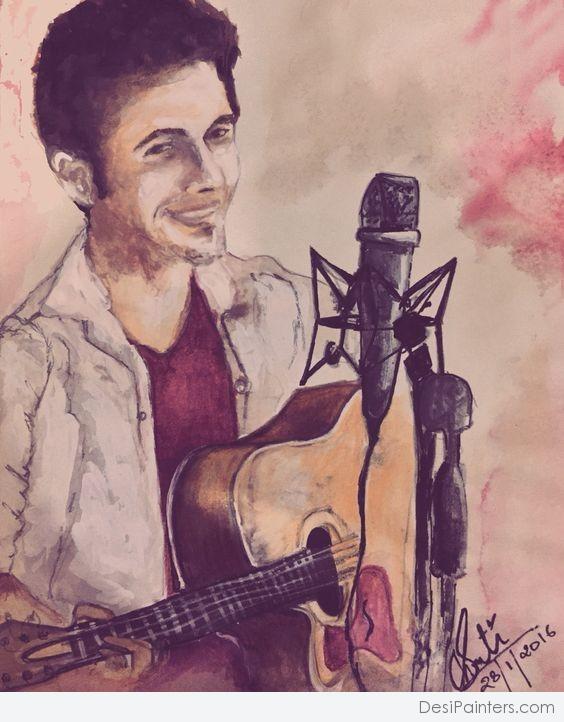 Watercolor Painting Of Guitar Boy - DesiPainters.com