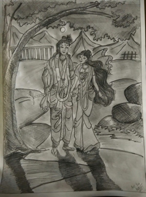 Pencil Sketch Of Shri Krishna And Rukmani