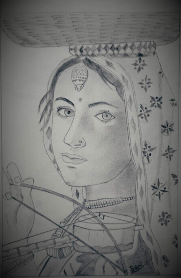 Pencil Sketch of A Lady from Rajasthan (INDIA) - DesiPainters.com
