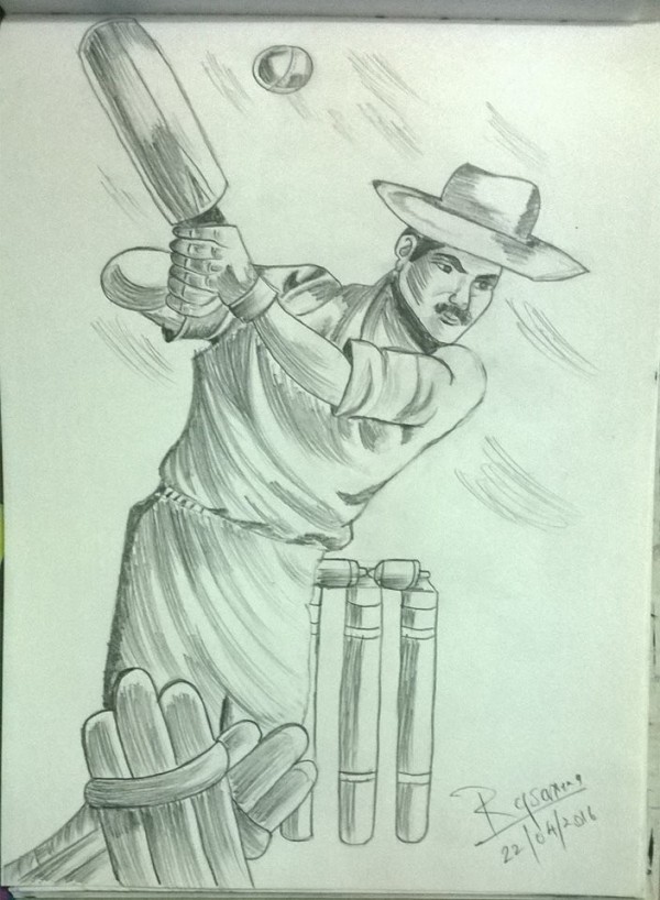 Pencil Sketch of A Cricketer - DesiPainters.com