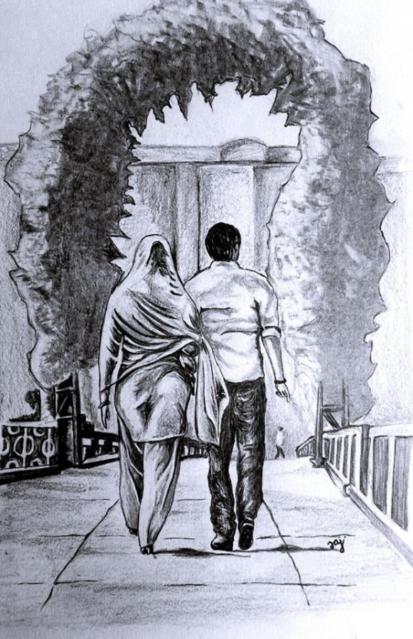 Pencil Sketch of Indian Couple - DesiPainters.com
