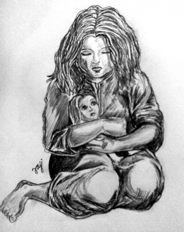 Pencil Sketch of Sad Girl With Baby - DesiPainters.com