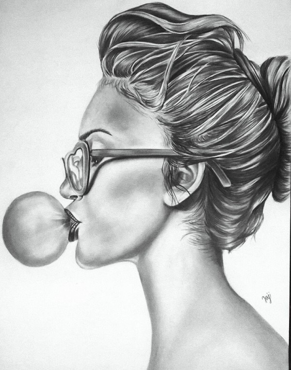 Pencil Sketch of Girl Chewing Gum