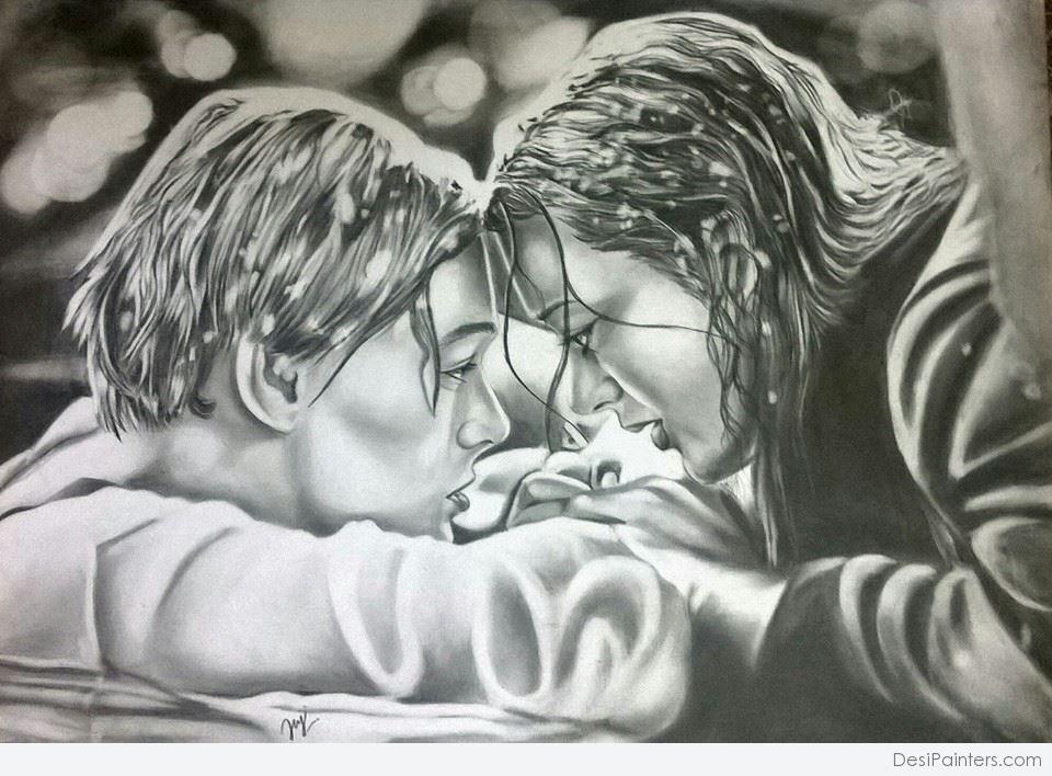 Pencil Sketch of Rose And Jack in Titanic Movie 
