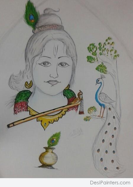 Pencil Sketch of Lord Krishna - DesiPainters.com