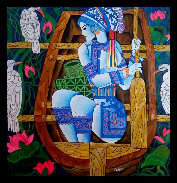 Acryl Painting of A Lady in Boat