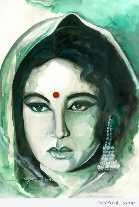 Watercolor Painting of Meena Kumari - DesiPainters.com