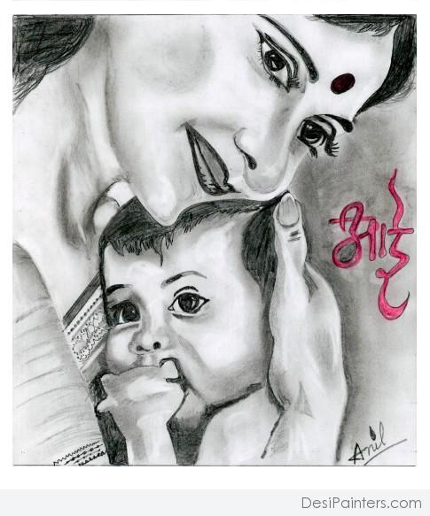 Pencil Sketch of Mother with Her Baby - DesiPainters.com