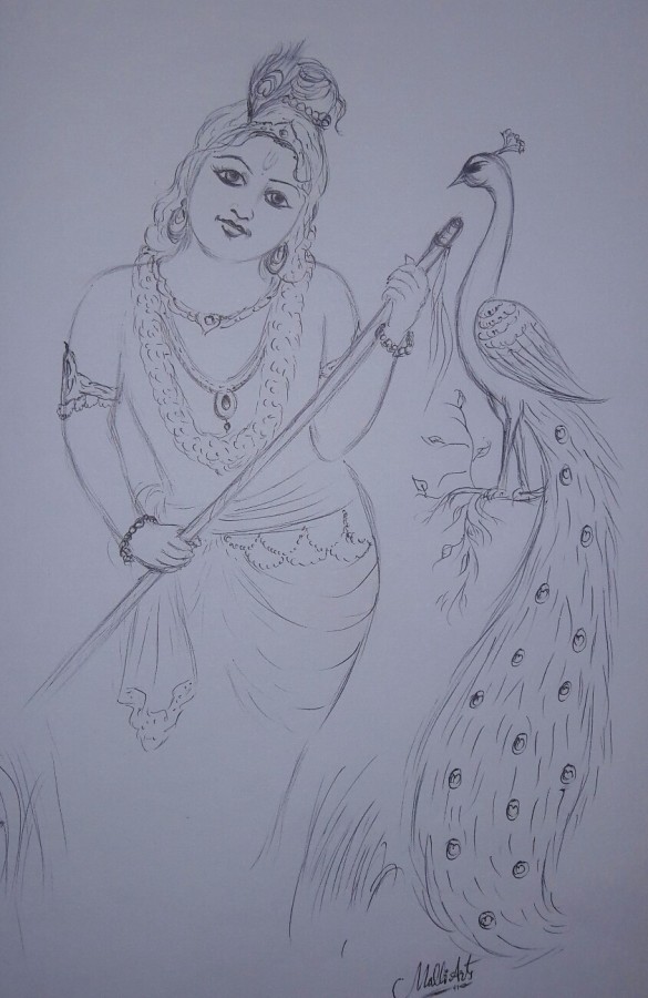 Sweet Pencil Sketch of Sri Krishna - DesiPainters.com