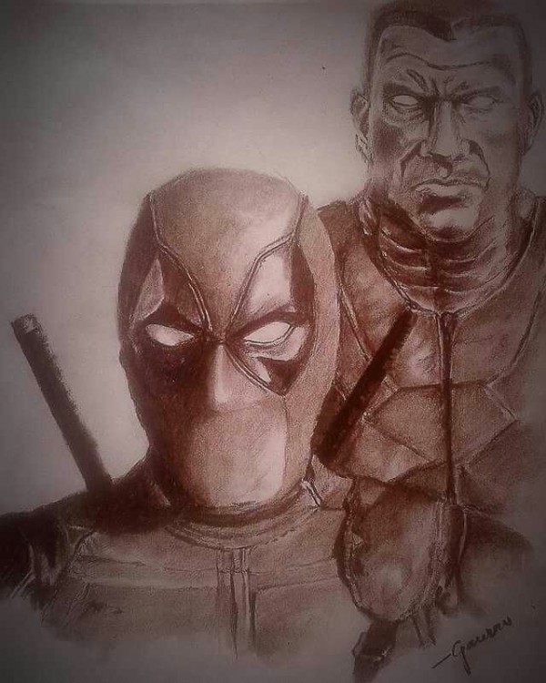 Pencil Sketch of Deadpool and Colossus - DesiPainters.com
