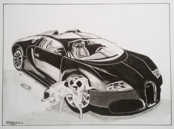 Pencil Art of Car And Dog