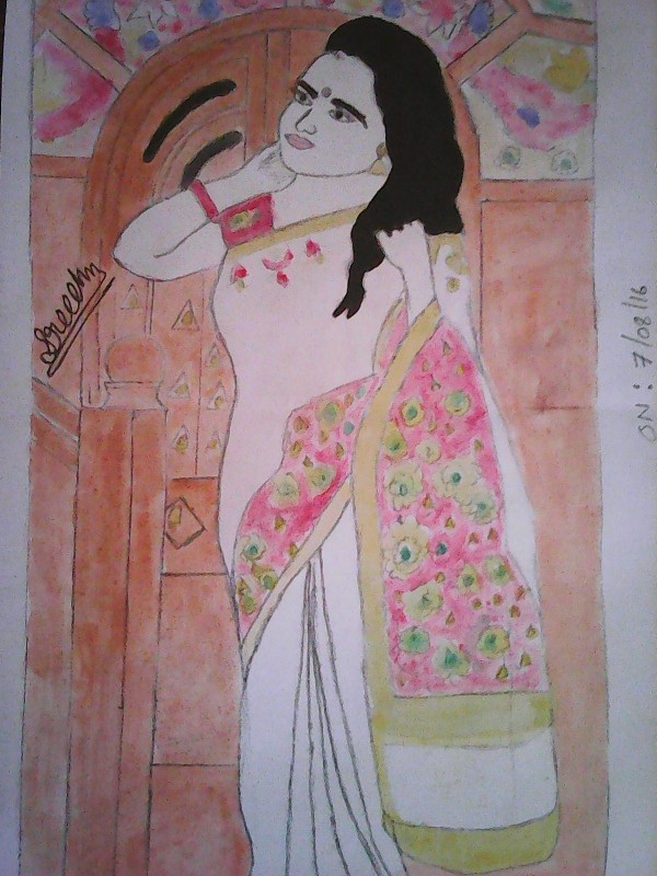 Water Color Painting of Lady In Sari - DesiPainters.com