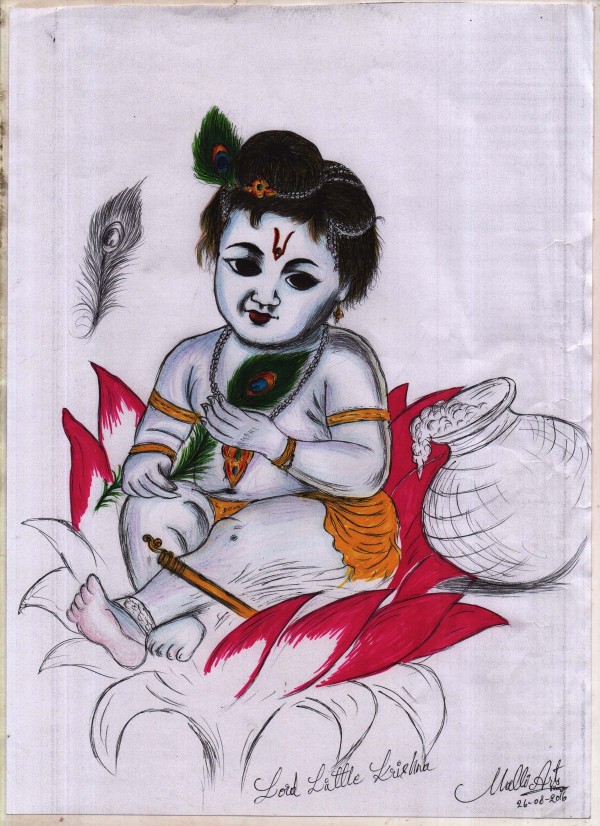 Ink Painting of Cute Little Krishna - DesiPainters.com