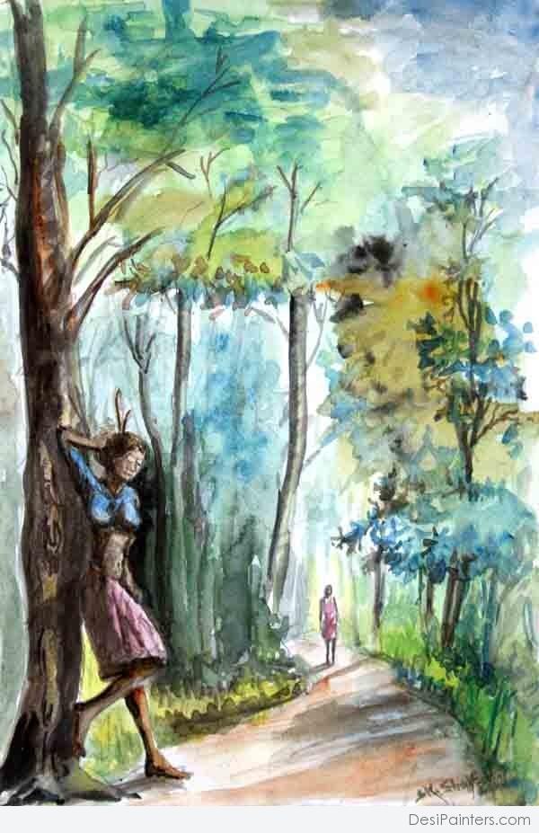 Watercolor Painting Of Village Girl - DesiPainters.com