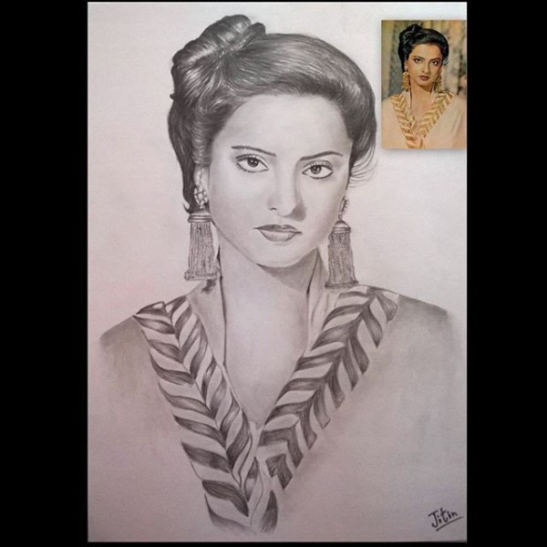 Pencil Sketch Of Beauty Queen Rekha By Jitin Raj - DesiPainters.com
