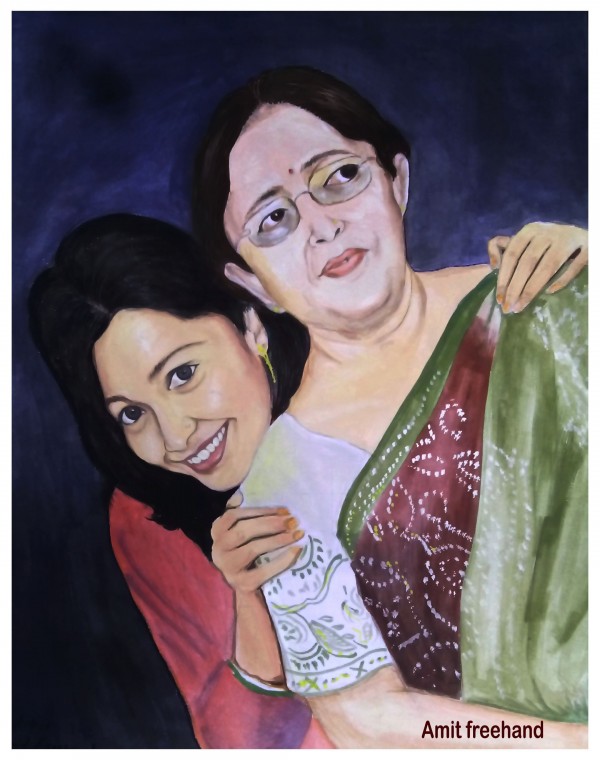 Lovely Mother And Daughter Oil Painting By Amit Freehand - DesiPainters.com