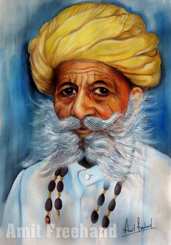 Oil Painting Of Old Rajasthani Man - DesiPainters.com