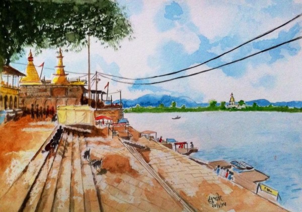 Watercolor Painting Of Narmada Ghat Hoshangabad - DesiPainters.com