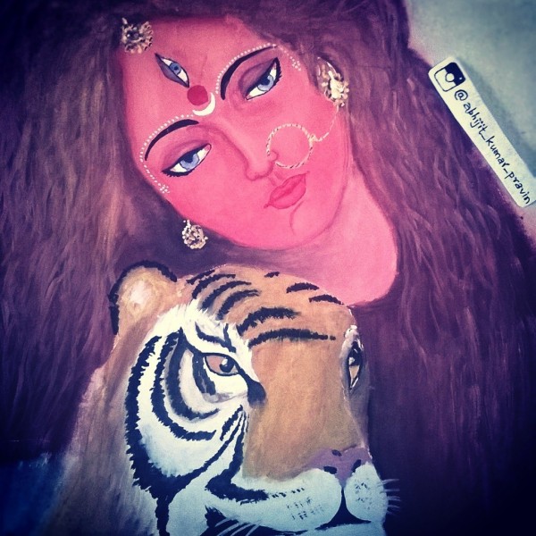 Acryl Painting Of Maa Durga With Tiger 